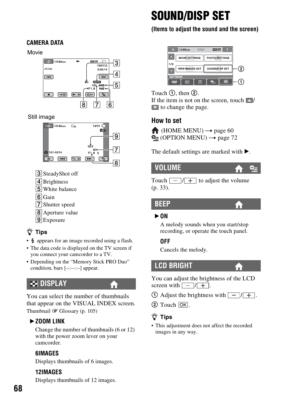 Sound/disp set, Items to adjust the sound and the screen), P. 68) | Display, Volume beep lcd bright | Sony HDR-TG1 User Manual | Page 68 / 109