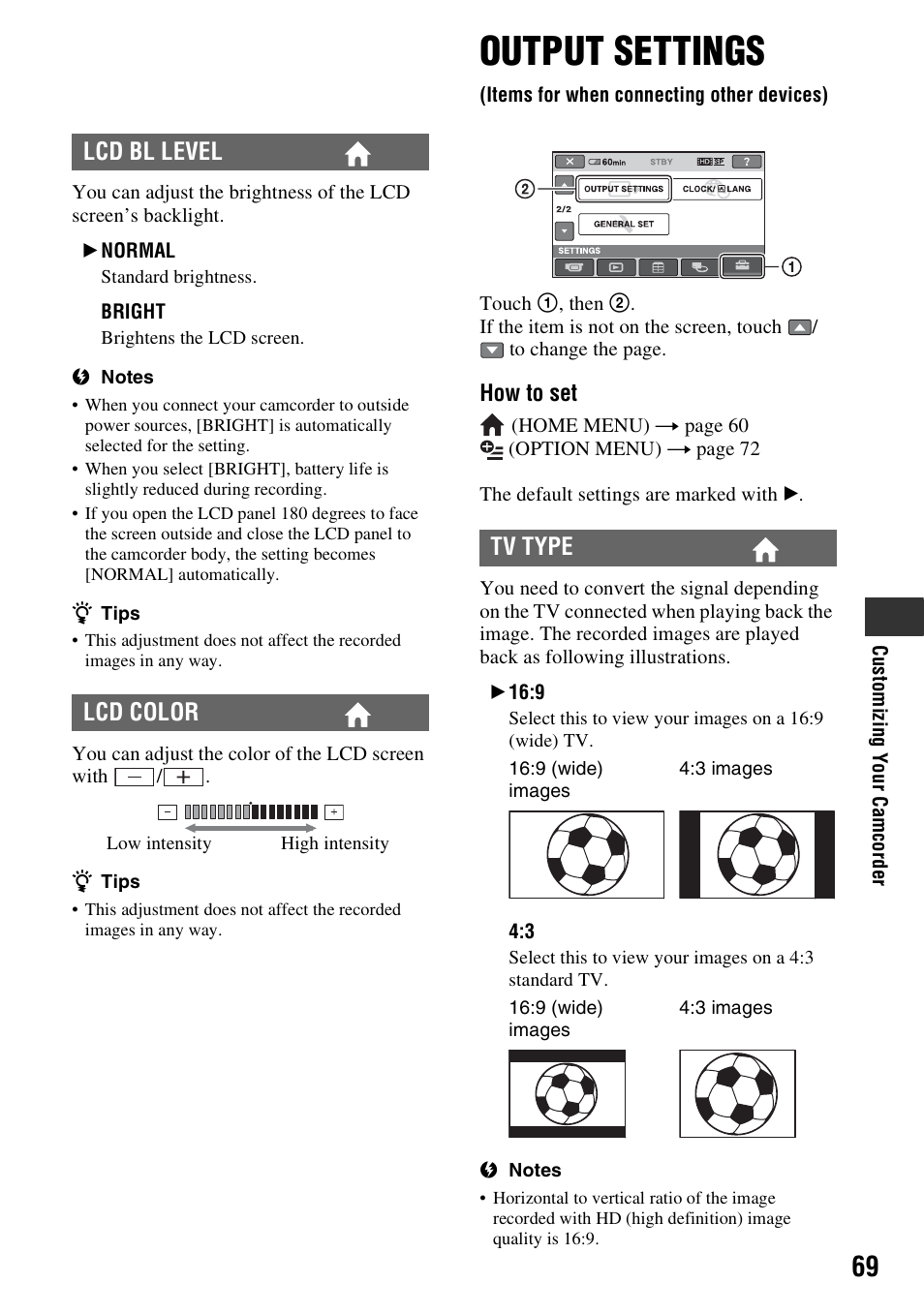 Output settings, Items for when connecting other devices), P. 69) | P. 69, Lcd bl level lcd color, Tv type | Sony HDR-TG1 User Manual | Page 69 / 109