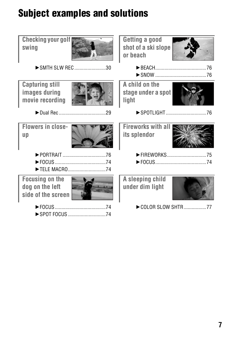 Subject examples and solutions | Sony HDR-TG1 User Manual | Page 7 / 109