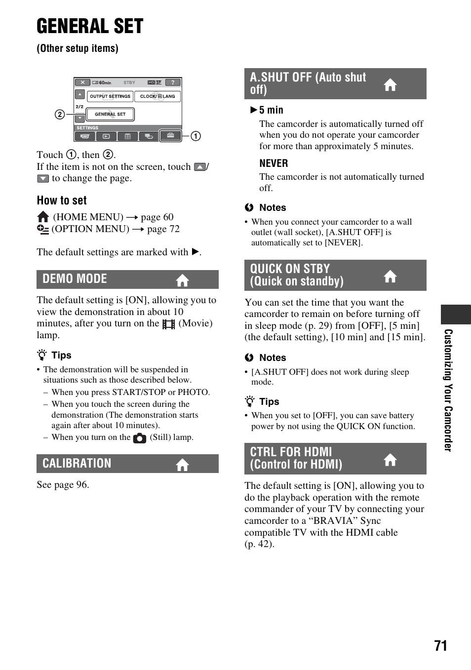 General set, Other setup items), P. 71) | Demo mode calibration | Sony HDR-TG1 User Manual | Page 71 / 109