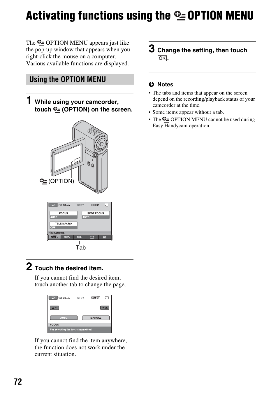 Activating functions using the option menu, Using the option menu, Activating functions using the | Option menu | Sony HDR-TG1 User Manual | Page 72 / 109