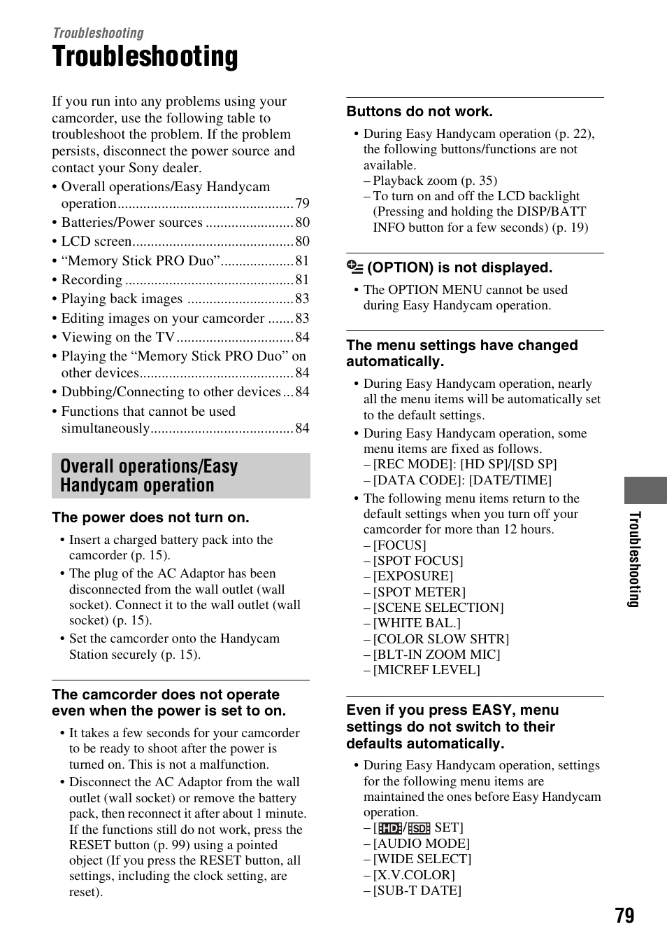 Troubleshooting, P. 79), Overall operations/easy handycam operation | Sony HDR-TG1 User Manual | Page 79 / 109