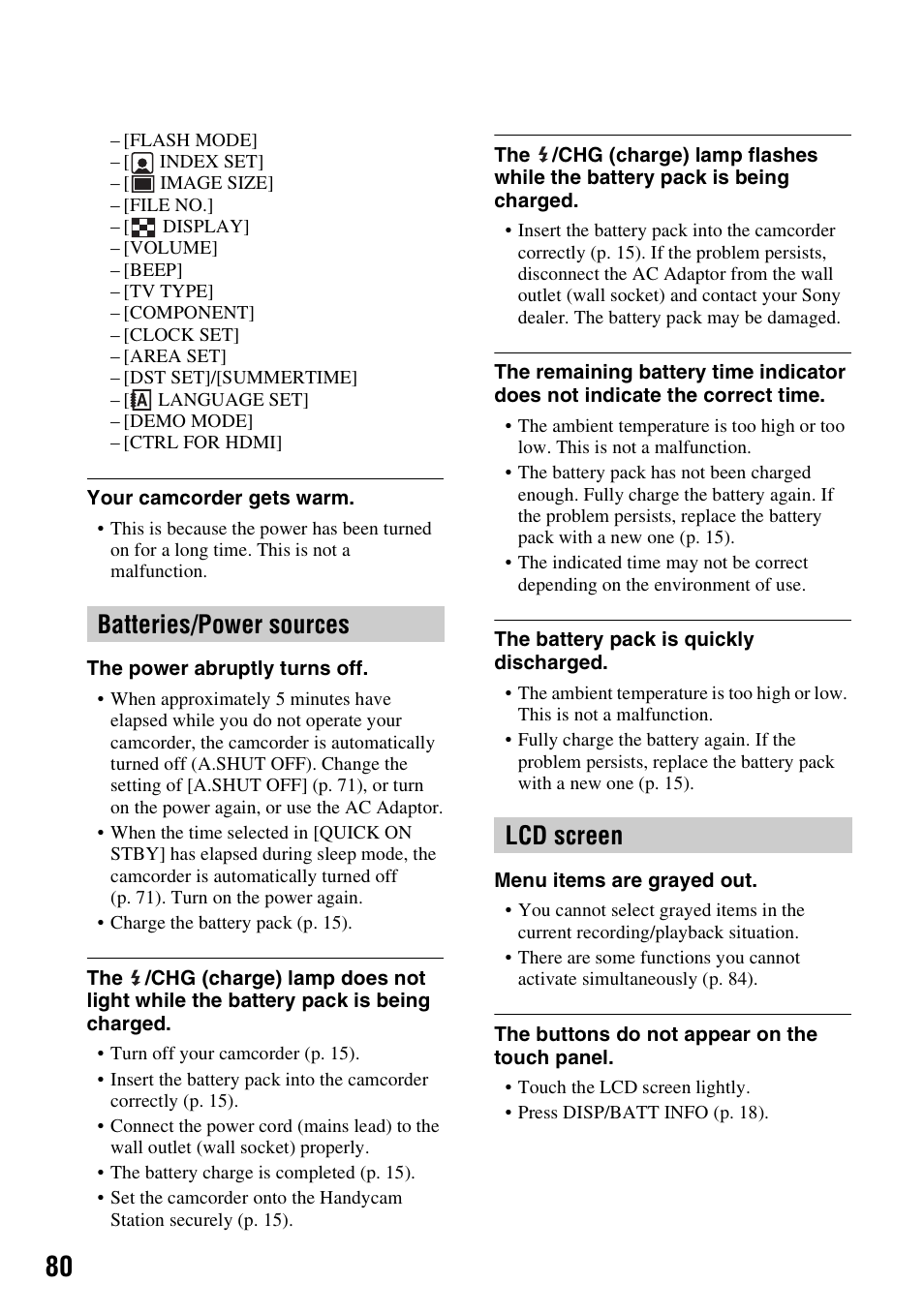 Batteries/power sources, Lcd screen, Batteries/power sources lcd screen | Sony HDR-TG1 User Manual | Page 80 / 109