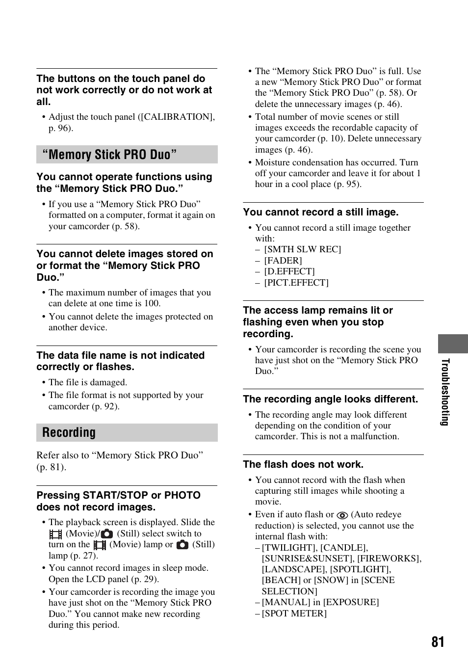Memory stick pro duo, Recording | Sony HDR-TG1 User Manual | Page 81 / 109