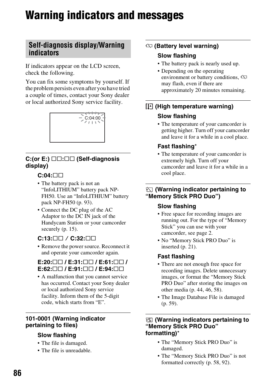 Warning indicators and messages, Self-diagnosis display/warning indicators | Sony HDR-TG1 User Manual | Page 86 / 109