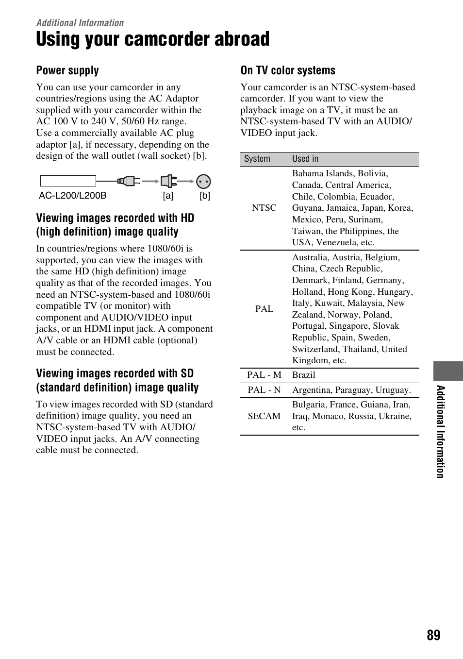 Additional information, Using your camcorder abroad, Additional | Information | Sony HDR-TG1 User Manual | Page 89 / 109