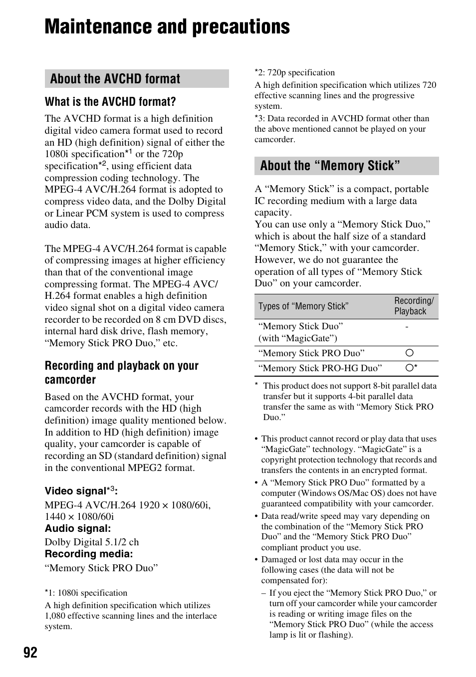 Maintenance and precautions, About the avchd format, About the “memory stick | About the avchd format about the “memory stick, P. 92), P. 92 | Sony HDR-TG1 User Manual | Page 92 / 109