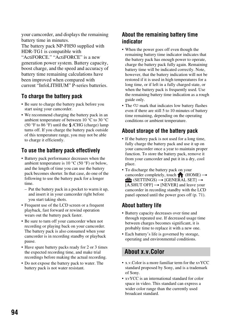 About x.v.color, About the remaining battery time indicator, About storage of the battery pack | About battery life | Sony HDR-TG1 User Manual | Page 94 / 109