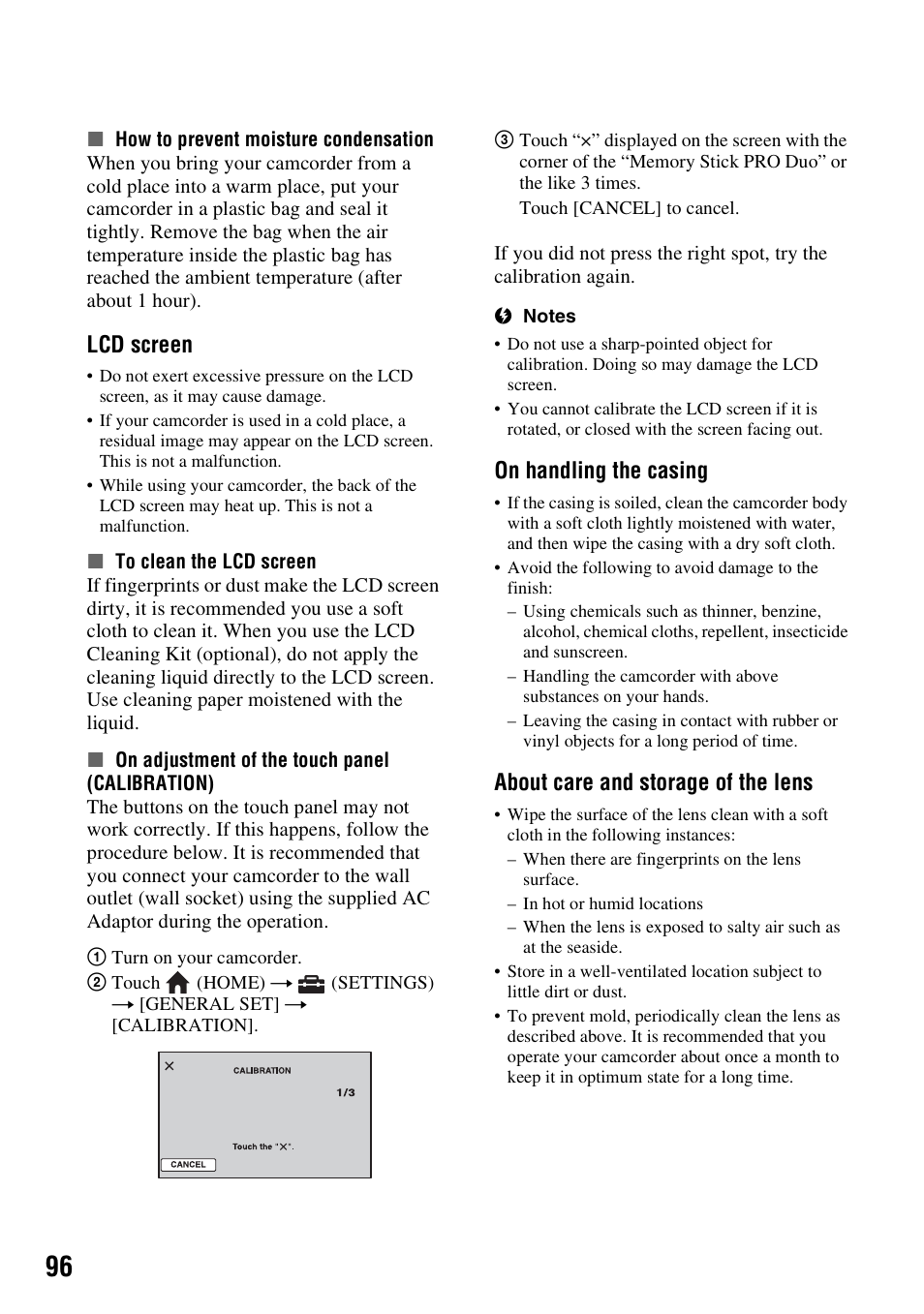 P. 96), P. 96, Lcd screen | On handling the casing, About care and storage of the lens | Sony HDR-TG1 User Manual | Page 96 / 109
