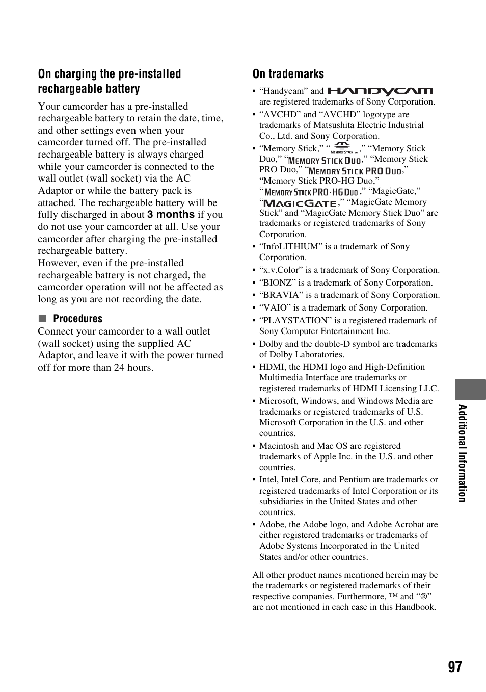 On charging the pre-installed rechargeable battery, On trademarks | Sony HDR-TG1 User Manual | Page 97 / 109