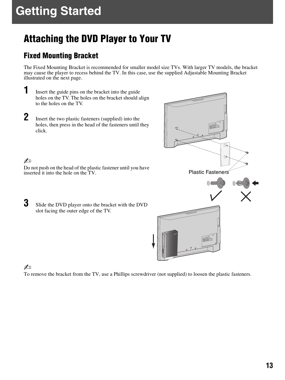 Attaching the dvd player to your tv, Getting started | Sony DMX-DVD User Manual | Page 13 / 56