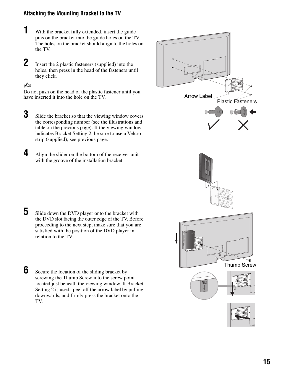 Attaching the mounting bracket to the tv | Sony DMX-DVD User Manual | Page 15 / 56