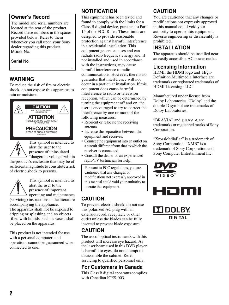 Warning, Notification, Caution | For customers in canada, Installation, Licensing information, Owner’s record | Sony DMX-DVD User Manual | Page 2 / 56