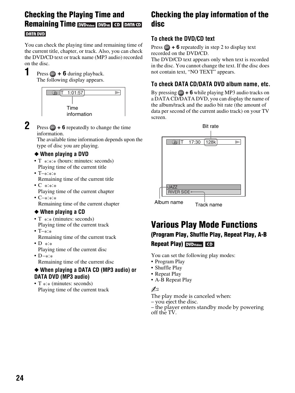 Various play mode functions, Checking the playing time and remaining time, Checking the play information of the disc | Sony DMX-DVD User Manual | Page 24 / 56