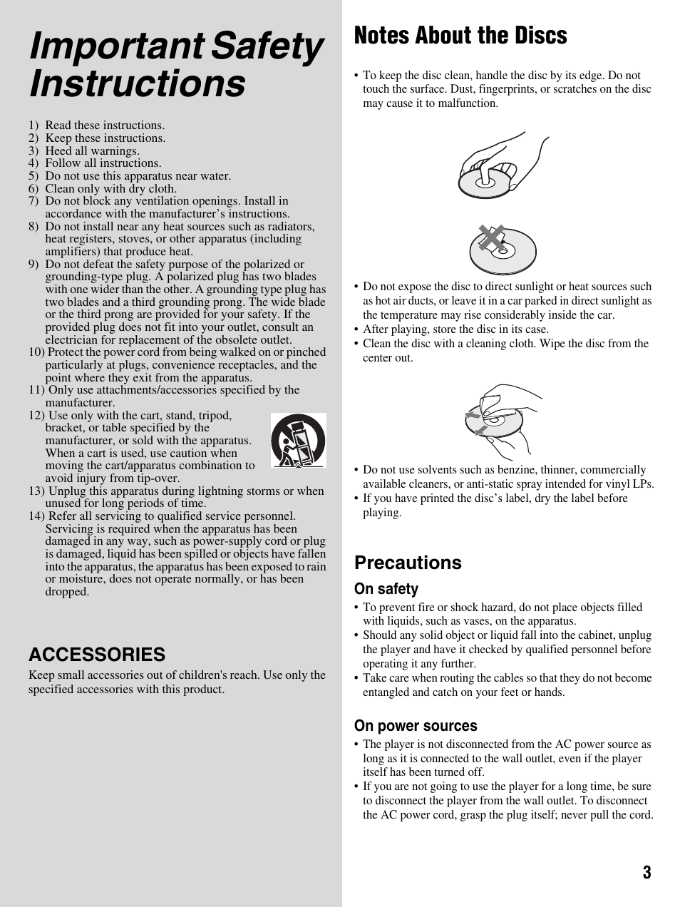 Notes about the discs, Important safety instructions, Accessories | Precautions | Sony DMX-DVD User Manual | Page 3 / 56