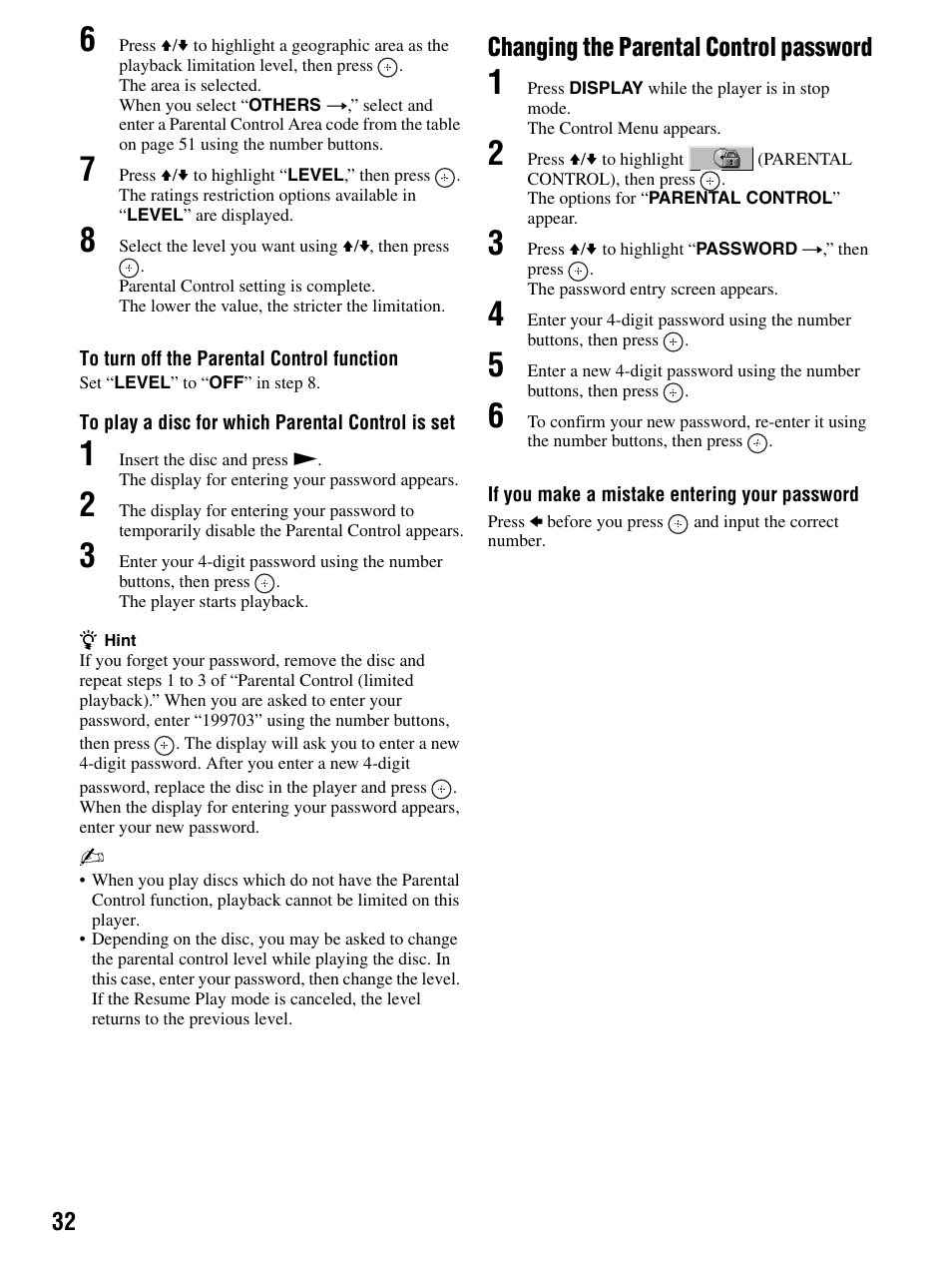 Changing the parental control password | Sony DMX-DVD User Manual | Page 32 / 56