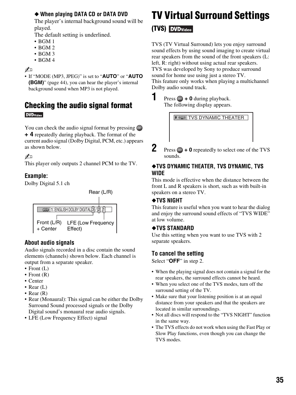 Tv virtual surround settings (tvs), Tv virtual surround settings, Tvs) | Checking the audio signal format | Sony DMX-DVD User Manual | Page 35 / 56