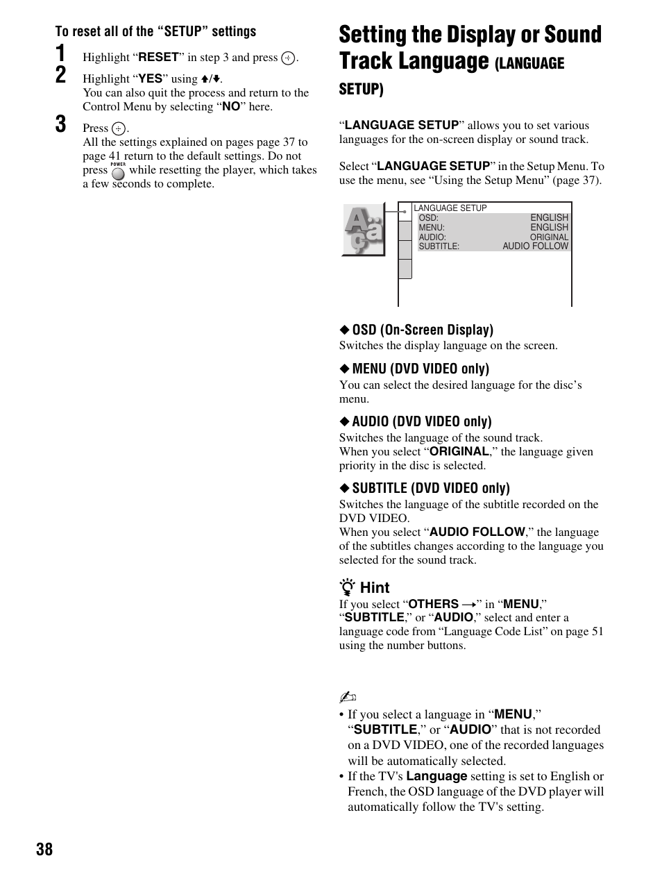 1 highlight “reset” in step 3 and press, Setting the display or sound track language | Sony DMX-DVD User Manual | Page 38 / 56
