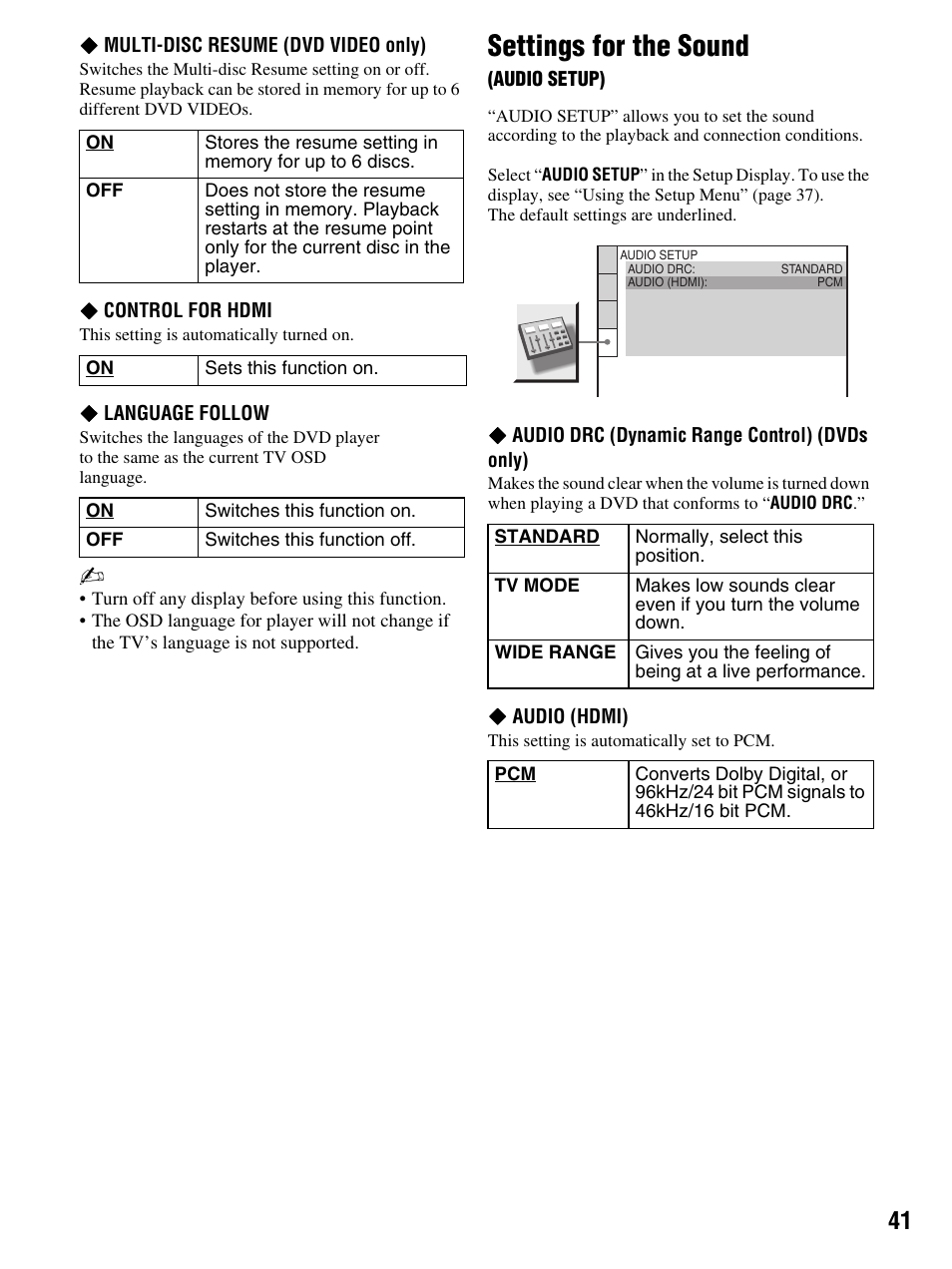 Settings for the sound | Sony DMX-DVD User Manual | Page 41 / 56