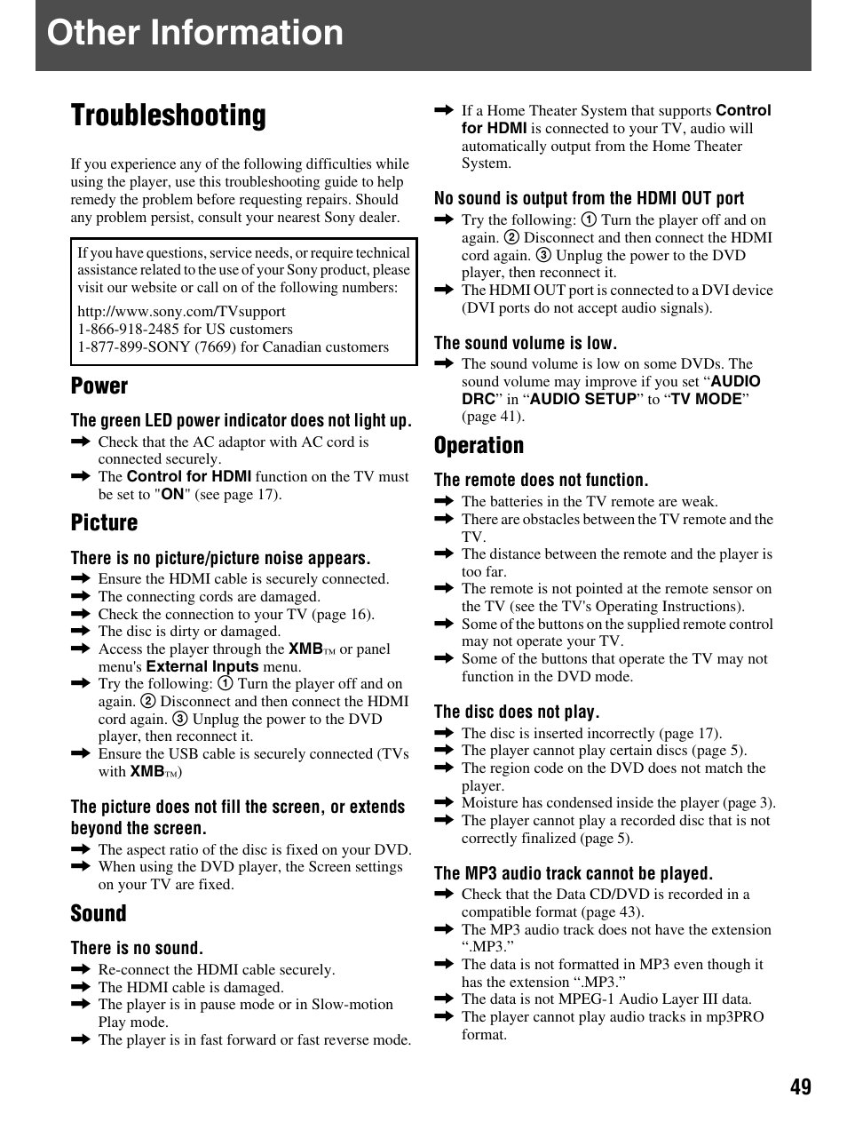 Troubleshooting, Other information, Power | Picture, Sound, Operation | Sony DMX-DVD User Manual | Page 49 / 56