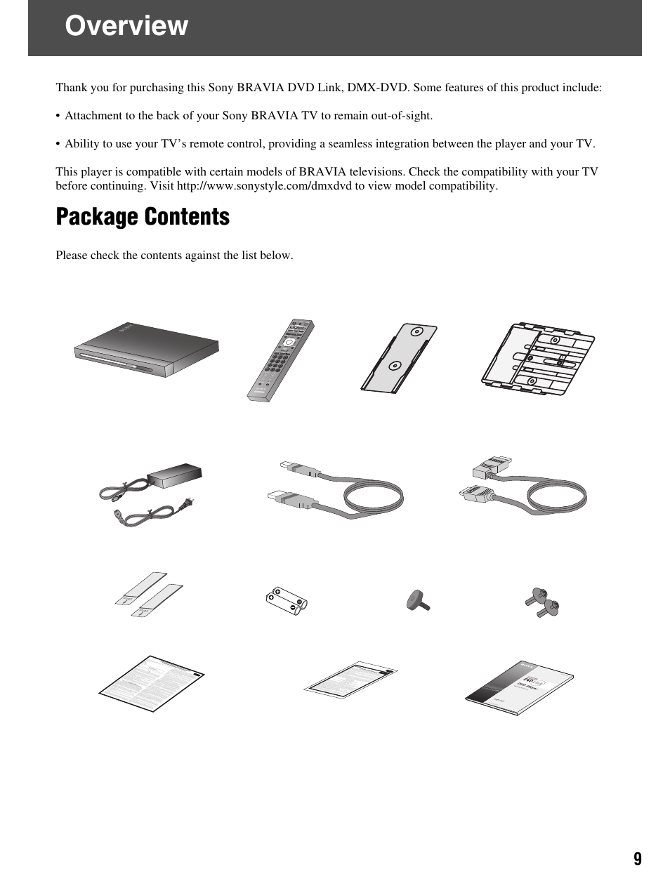 Package contents, Overview, Adjustable mounting bracket linux flyer usb cable | Sony DMX-DVD User Manual | Page 9 / 56
