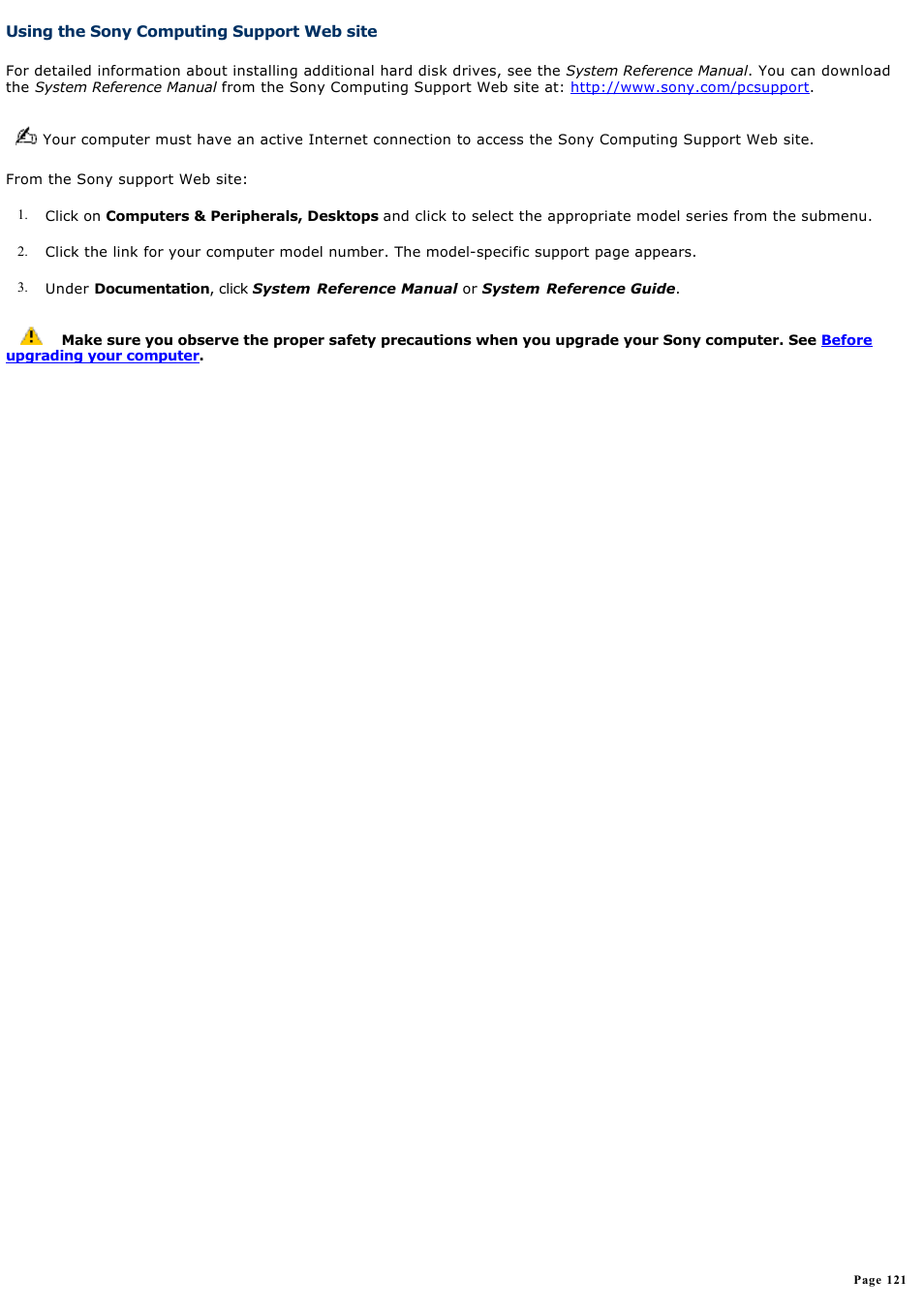 Using the sony computing support web site | Sony PCV-RS315 User Manual | Page 121 / 161