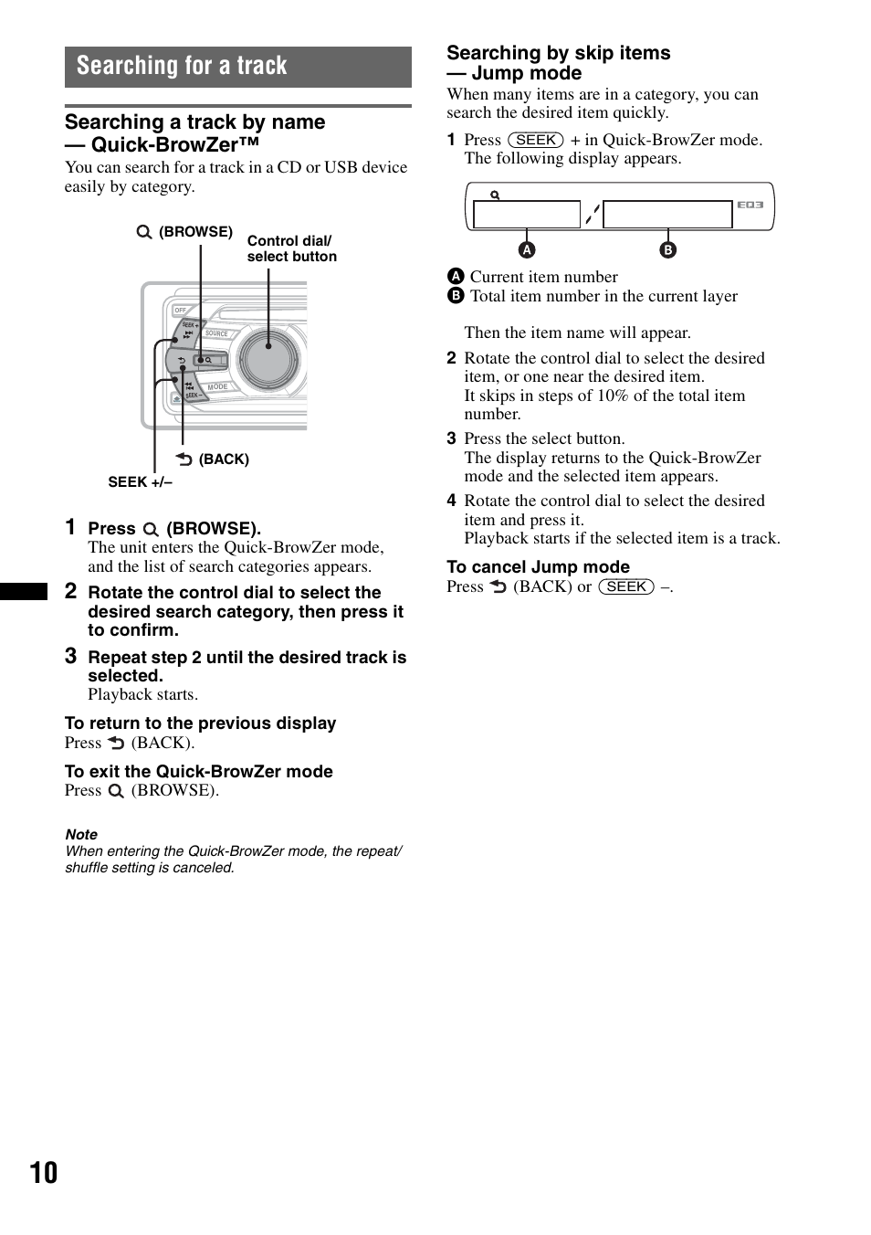Searching for a track, Searching a track by name - quick-browzer, Searching a track by name — quick-browzer | Sony CDX-GT35UW User Manual | Page 10 / 44