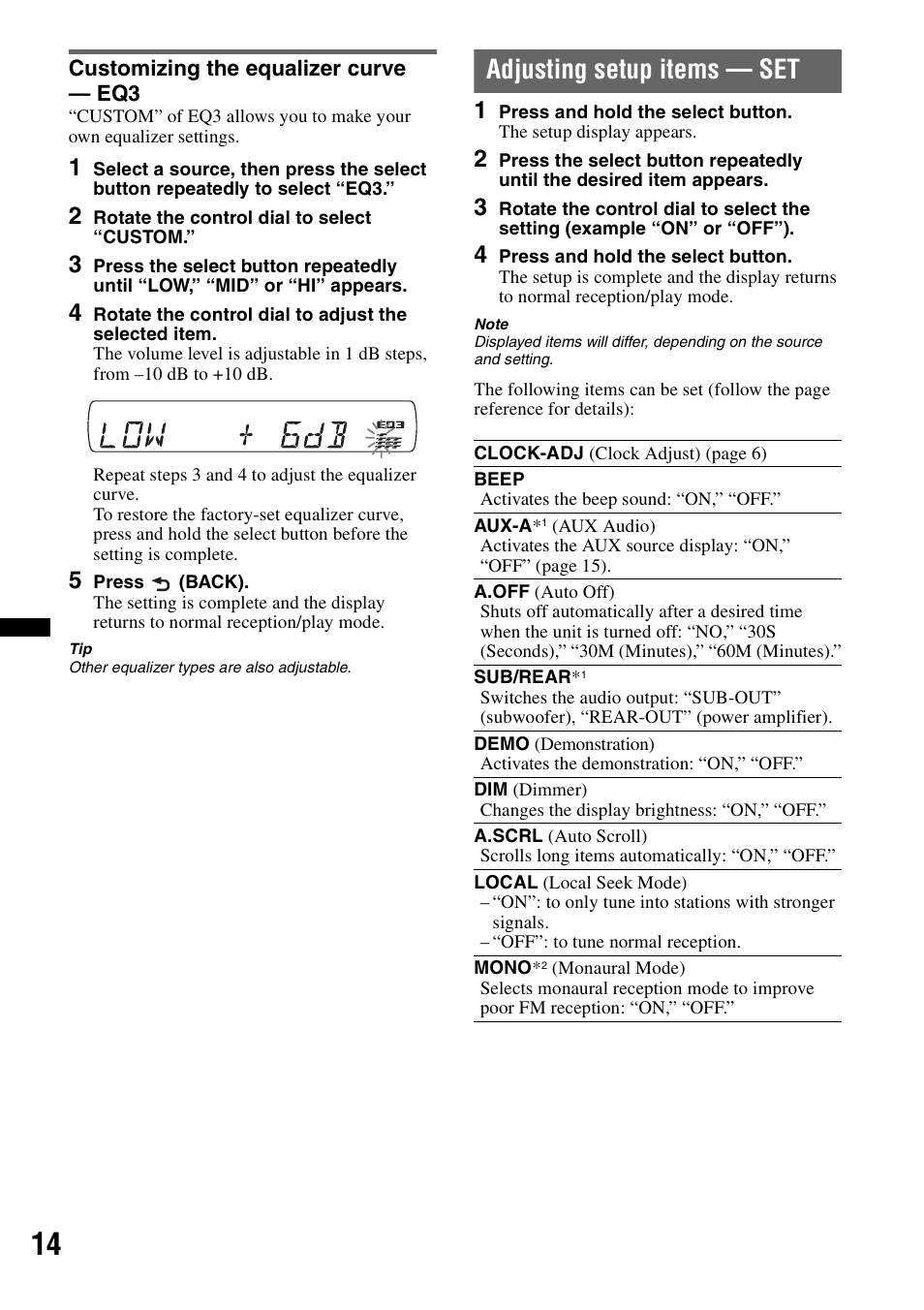 Customizing the equalizer curve - eq3, Adjusting setup items - set, Customizing the equalizer curve — eq3 | Adjusting setup items — set | Sony CDX-GT35UW User Manual | Page 14 / 44