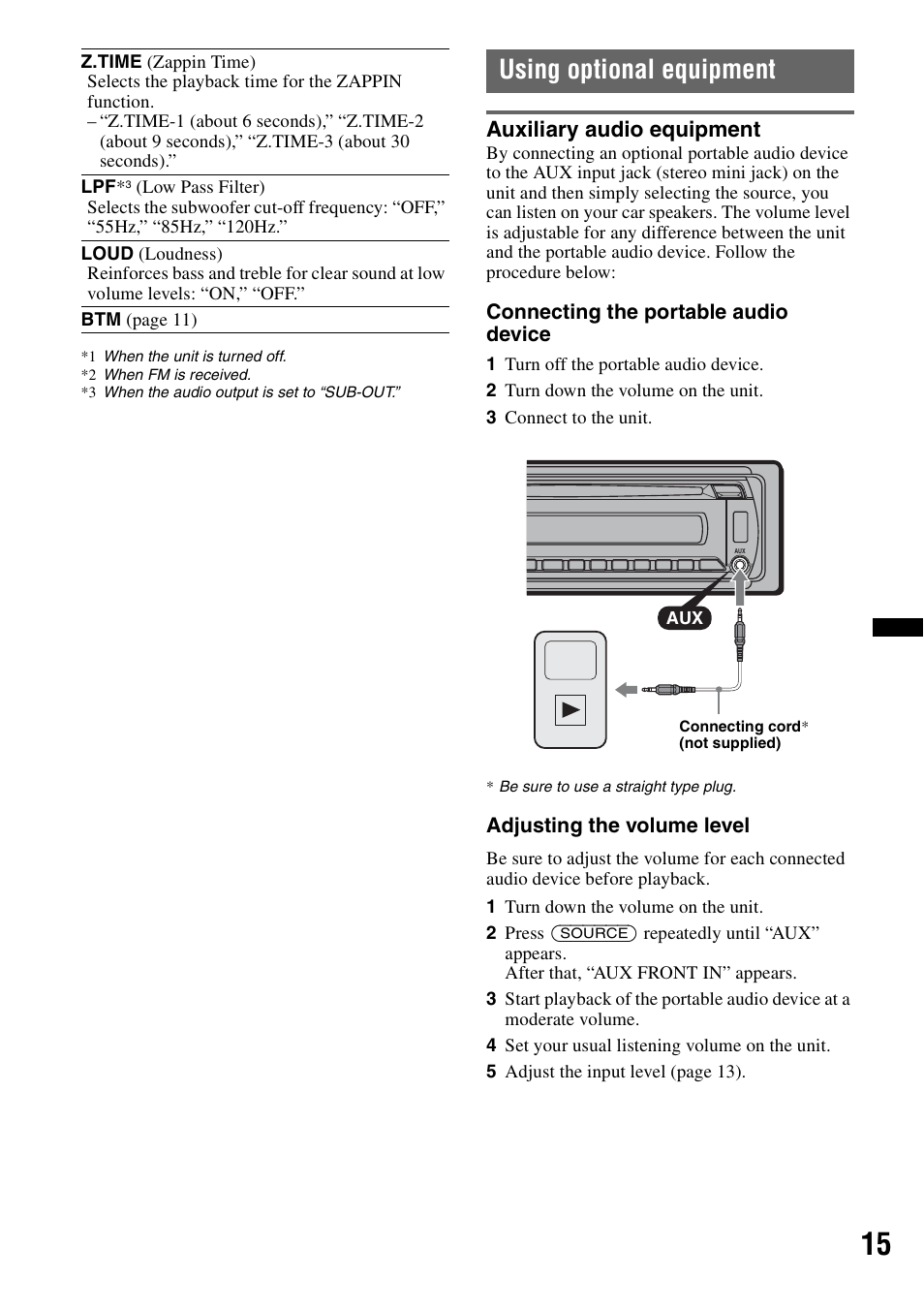 Using optional equipment, Auxiliary audio equipment | Sony CDX-GT35UW User Manual | Page 15 / 44