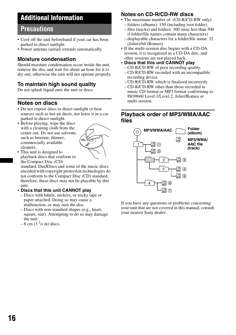 Additional information, Precautions, Notes on discs | Playback order of mp3/wma/aac files, Notes on discs playback order of mp3/wma/aac files, Additional information precautions | Sony CDX-GT35UW User Manual | Page 16 / 44