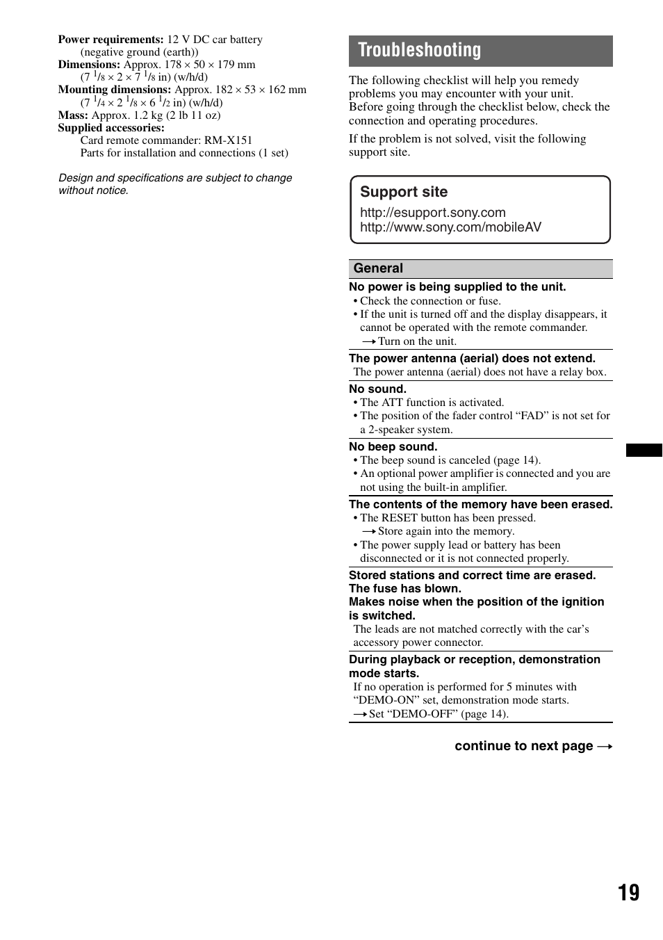 Troubleshooting, Support site | Sony CDX-GT35UW User Manual | Page 19 / 44