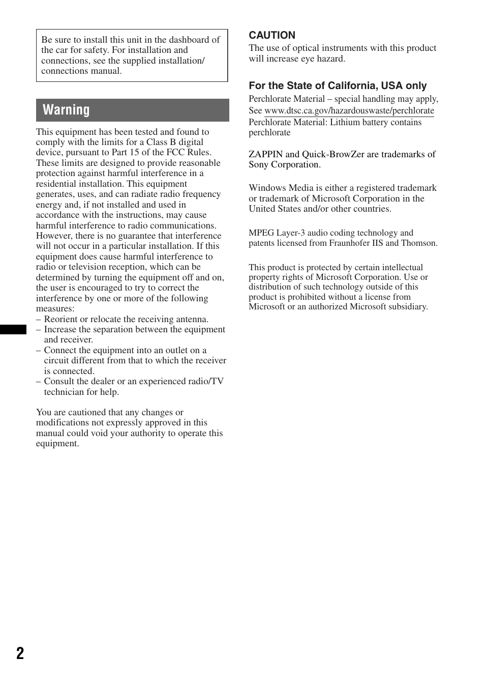 Warning | Sony CDX-GT35UW User Manual | Page 2 / 44