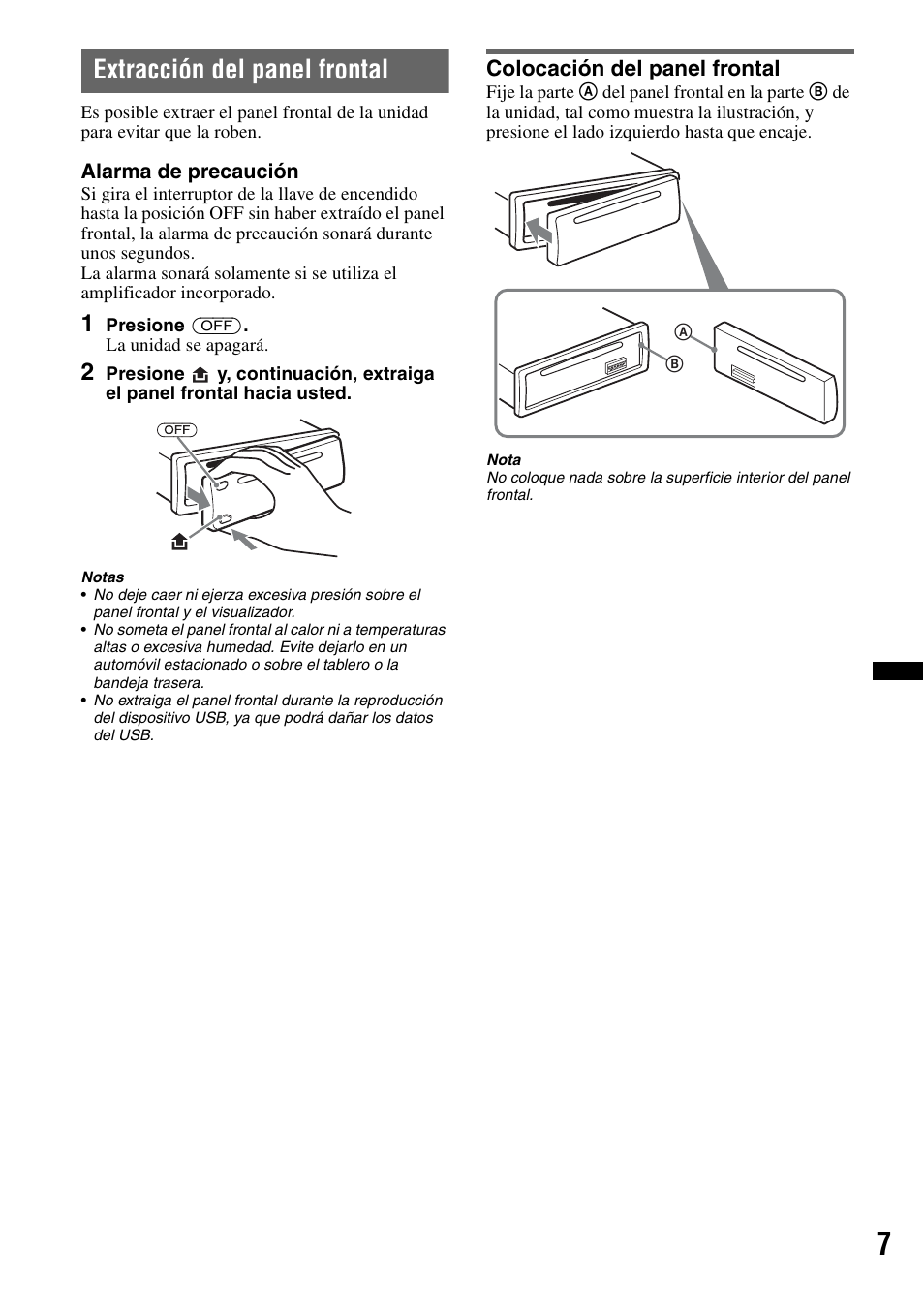 Extracción del panel frontal, Colocación del panel frontal | Sony CDX-GT35UW User Manual | Page 27 / 44