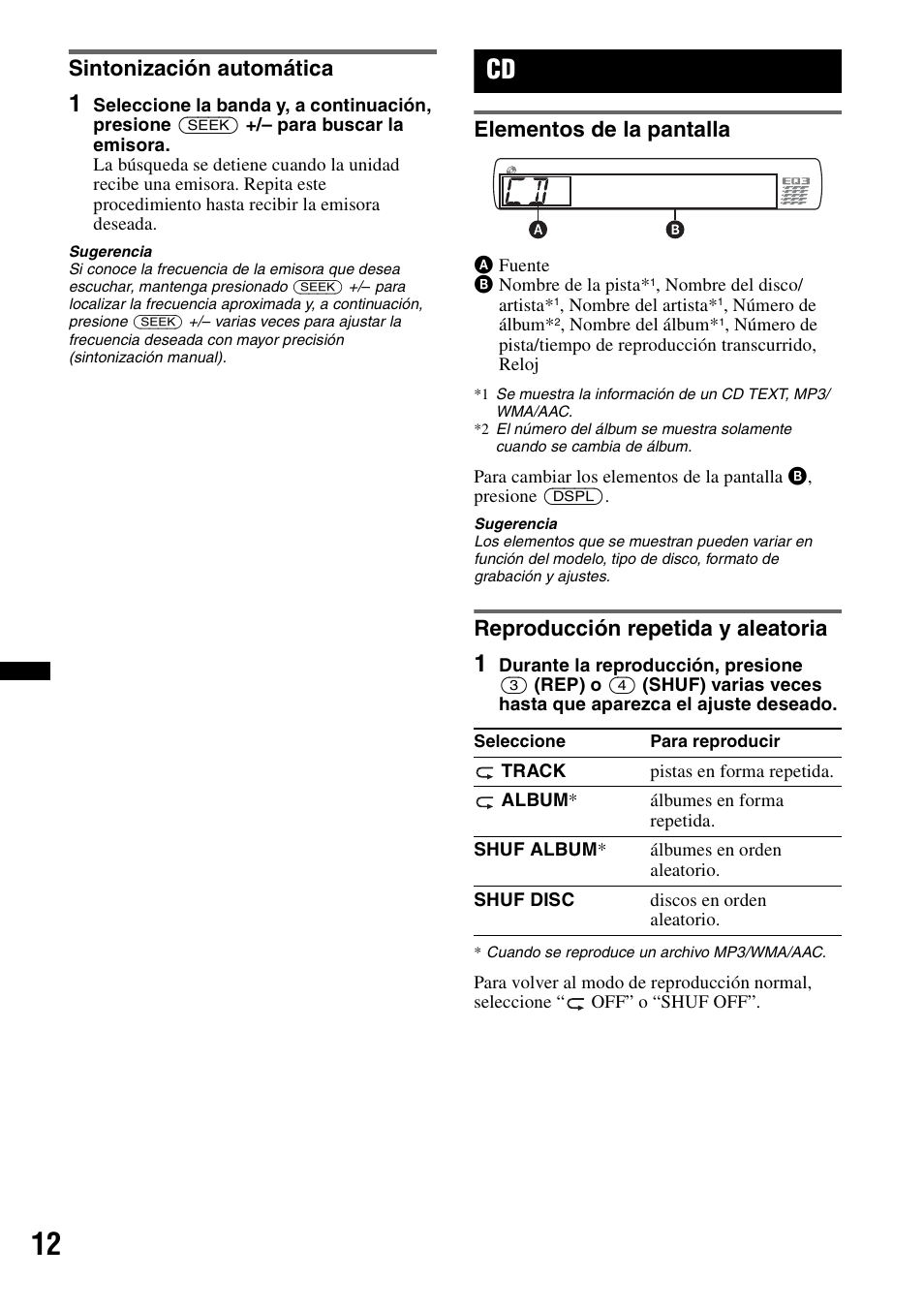 Sintonización automática, Elementos de la pantalla, Reproducción repetida y aleatoria | Sony CDX-GT35UW User Manual | Page 32 / 44