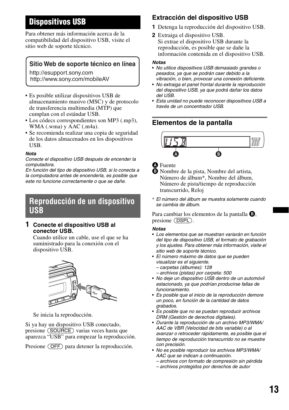 Dispositivos usb, Reproducción de un dispositivo usb, Elementos de la pantalla | Sony CDX-GT35UW User Manual | Page 33 / 44