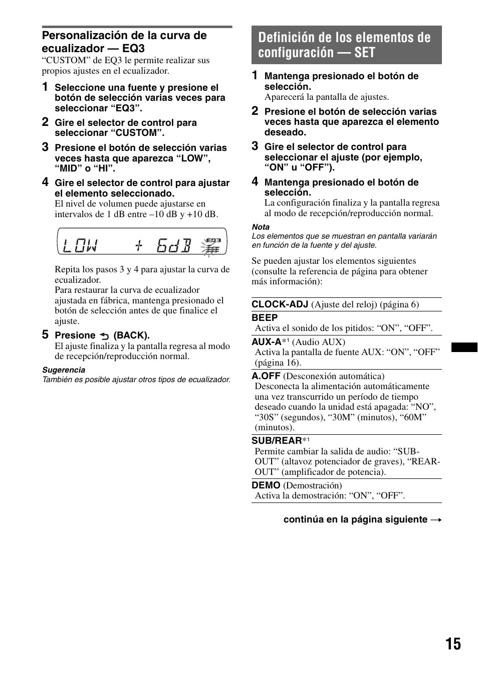 Personalización de la curva de ecualizador - eq3, Definición de los elementos de configuración - set, Personalización de la curva de ecualizador — eq3 | Definición de los elementos de configuración — set | Sony CDX-GT35UW User Manual | Page 35 / 44