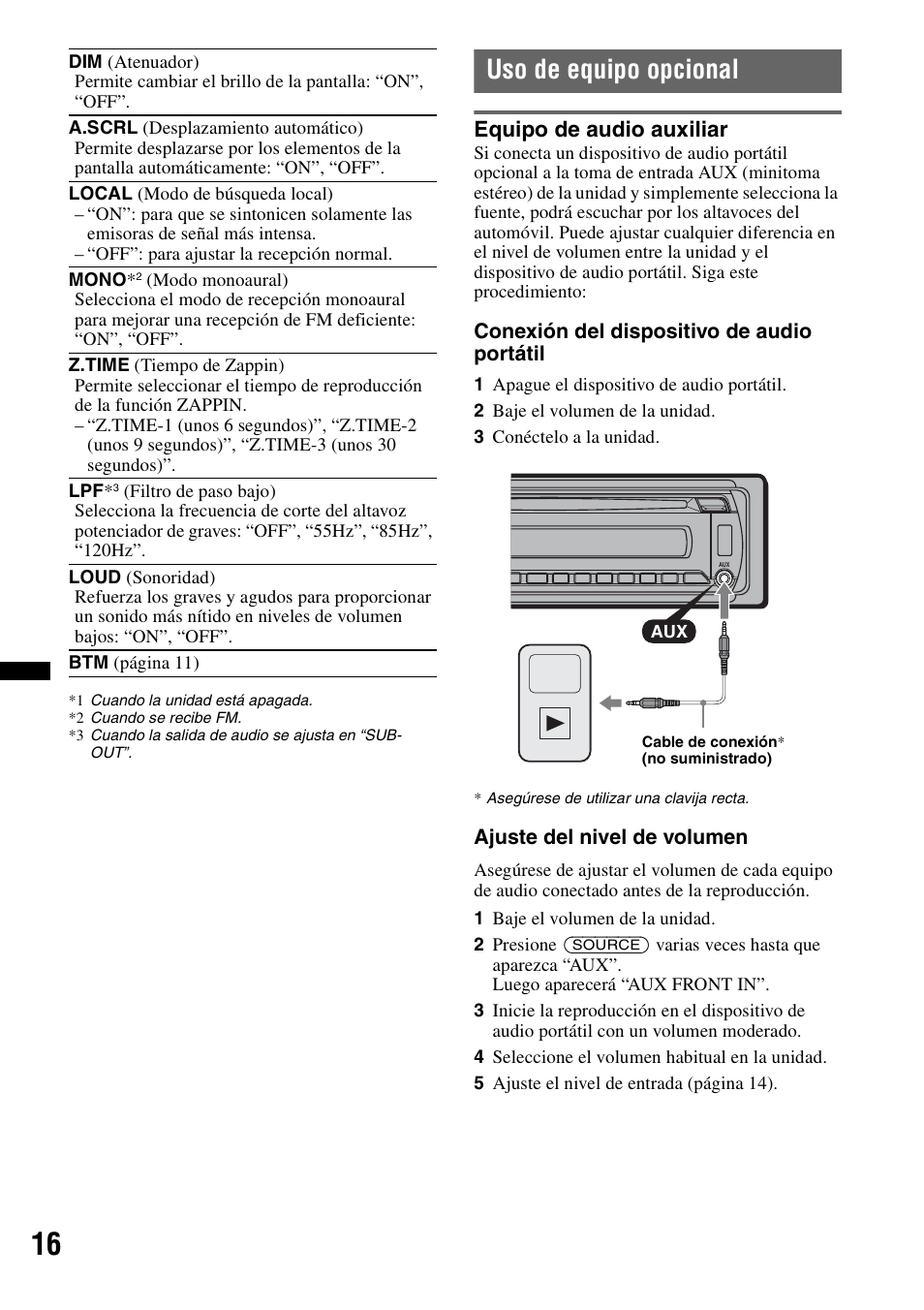 Uso de equipo opcional, Equipo de audio auxiliar | Sony CDX-GT35UW User Manual | Page 36 / 44