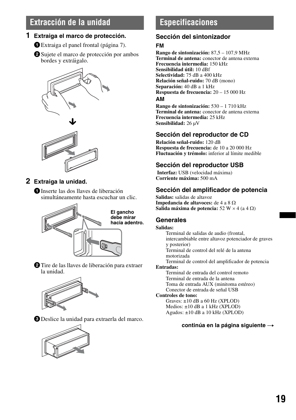 Extracción de la unidad, Especificaciones, Extracción de la unidad especificaciones | Sony CDX-GT35UW User Manual | Page 39 / 44