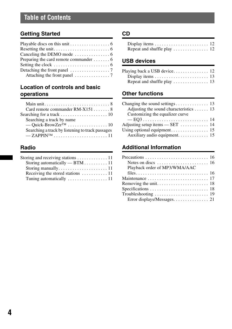 Sony CDX-GT35UW User Manual | Page 4 / 44