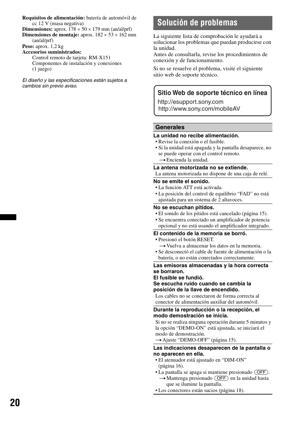 Solución de problemas, Sitio web de soporte técnico en línea | Sony CDX-GT35UW User Manual | Page 40 / 44