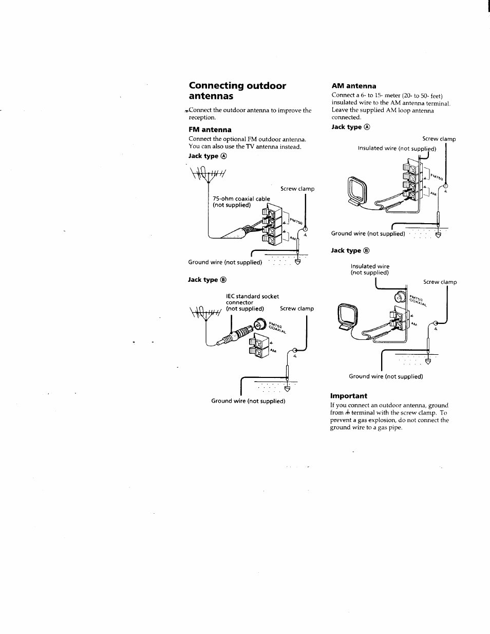 Fm antenna, Jack type, Am antenna | Important, Connecting outdoor antennas | Sony DHC-MD500 User Manual | Page 11 / 47