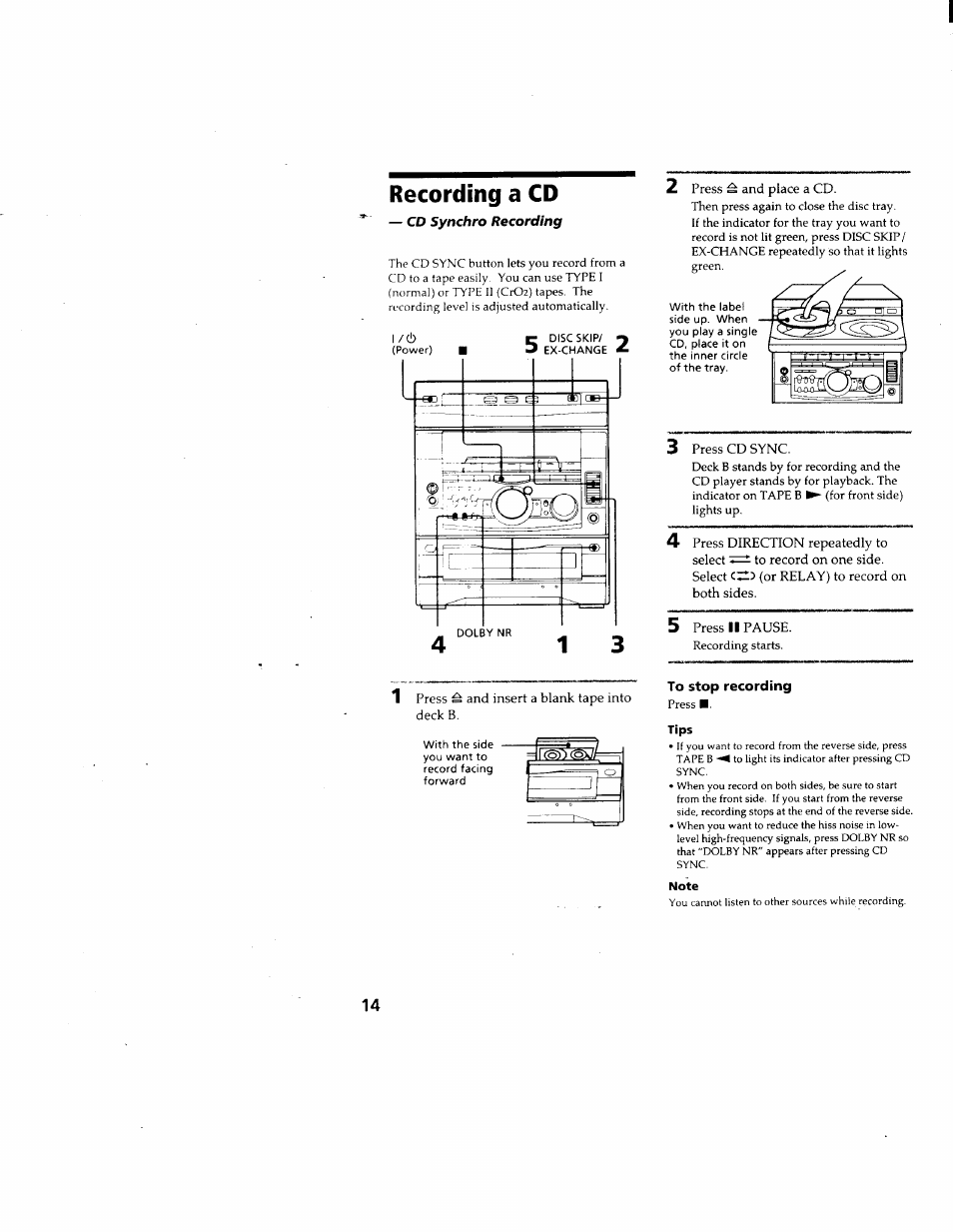Recording a cd, To stop recording | Sony DHC-MD500 User Manual | Page 14 / 47