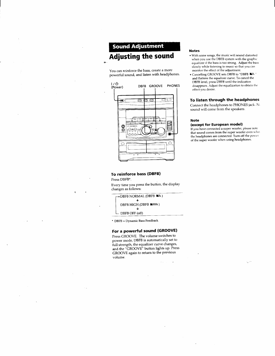 Adjusting the sound, To listen through the headphones, To reinforce bass (dbfb) | For a powerful sound (groove), Sound adjustment | Sony DHC-MD500 User Manual | Page 29 / 47