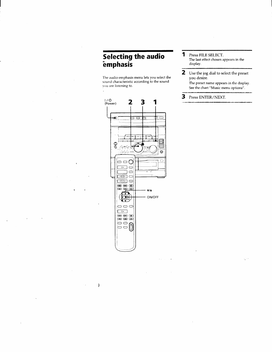 Selecting the audio emphasis, 1 press file select, 2 use the jog dial to select the preset you desire | 3 press enter/next | Sony DHC-MD500 User Manual | Page 30 / 47