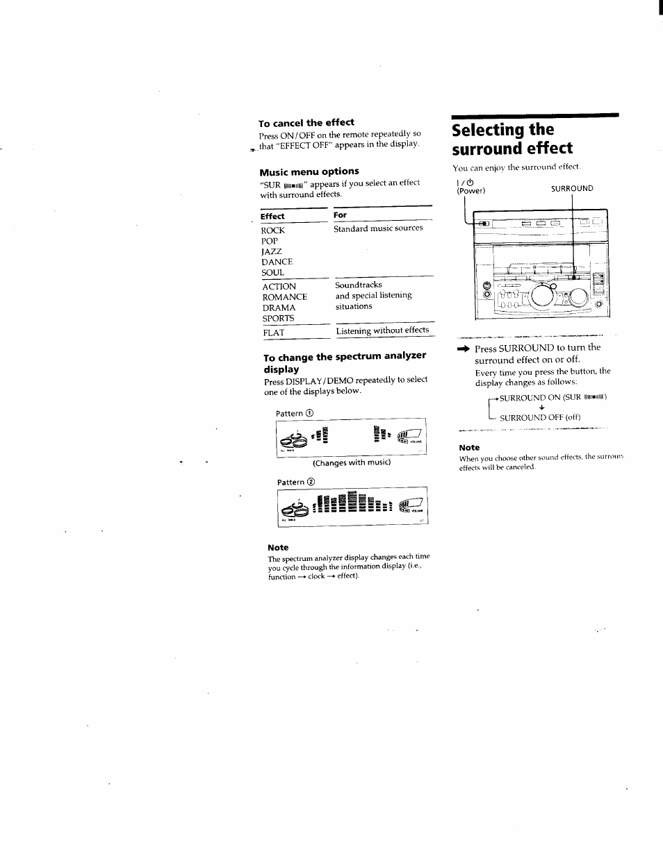 To cancel the effect, Music menu options, To change the spectrum analyzer display | Selecting the surround effect, Ifeli== = = 5 = = el | Sony DHC-MD500 User Manual | Page 31 / 47