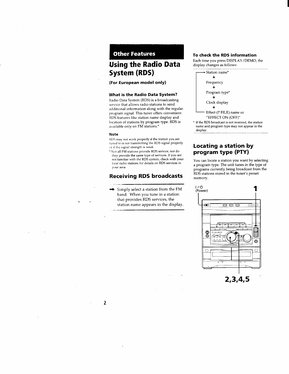 Using the radio data system (rds), For european model only), What is the radio data system | Note, To check the rds information, Other features, Receiving rds broadcasts, Locating a station by program type (pty) | Sony DHC-MD500 User Manual | Page 32 / 47