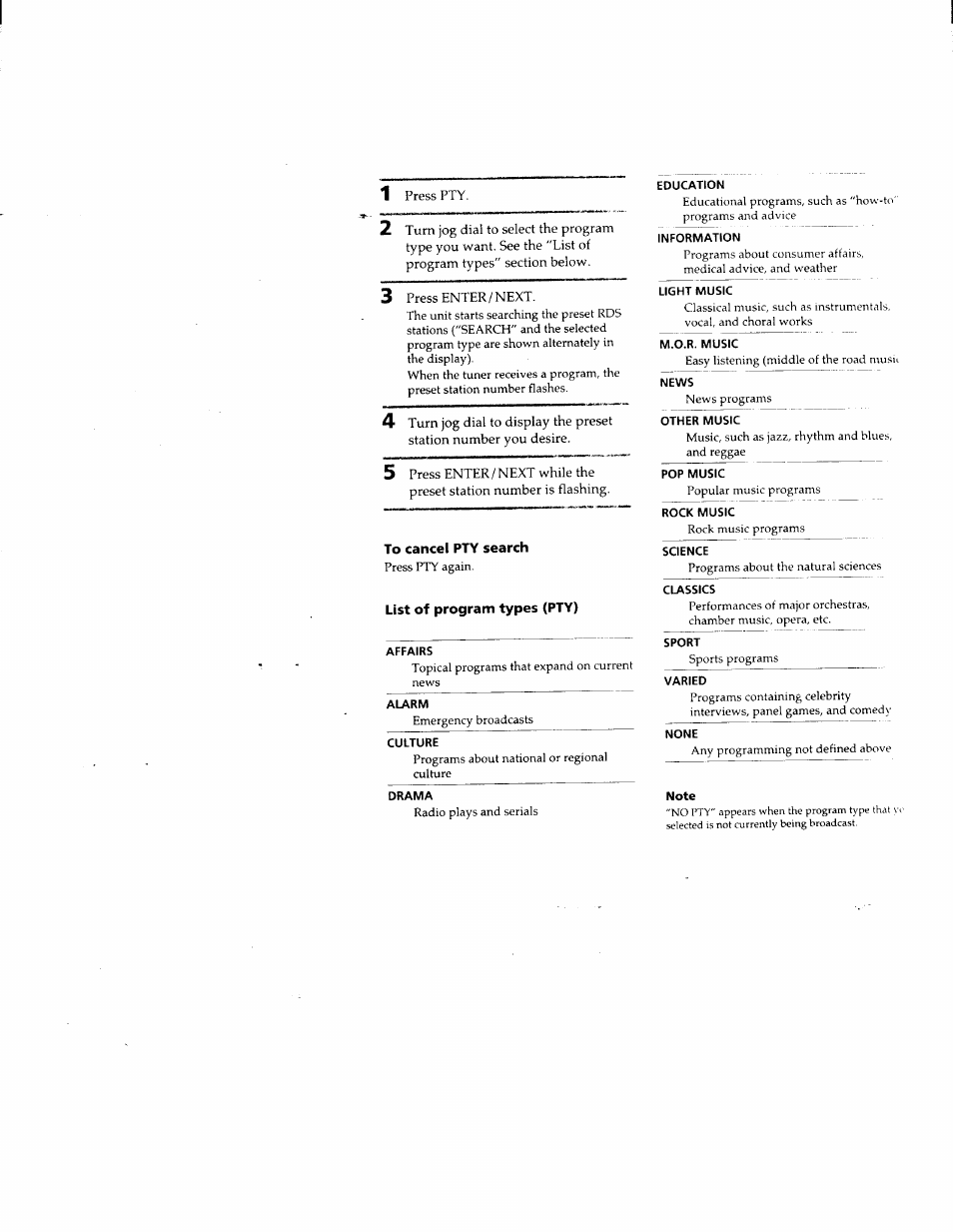 1 press pty, 3 press enter/next, To cancel pty search | List of program types (pty), Affairs, Alarm, Culture, Drama, Education, Information | Sony DHC-MD500 User Manual | Page 33 / 47