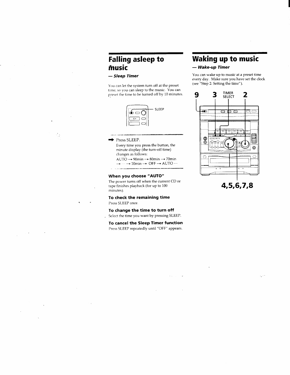 Falling asleep to №usic, When you choose "auto, To check the remaining time | To change the time to turn off, To cancel the sleep timer function, Waking up to music, Falling asleep to music, J cd | Sony DHC-MD500 User Manual | Page 36 / 47