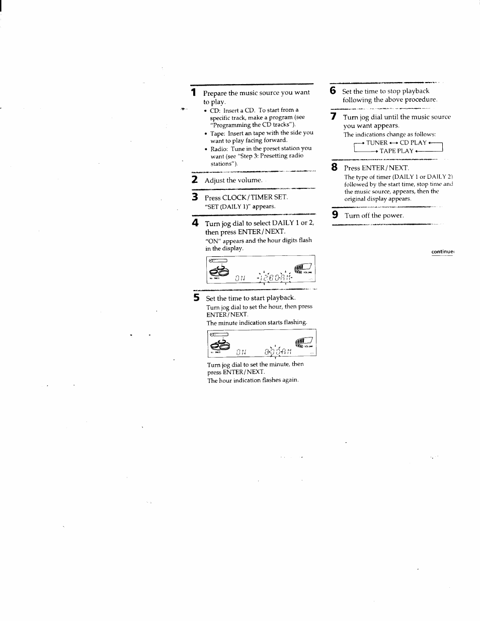 1 prepare the music source you want to play, 2 adjust the volume, 3 press clock/timer set | 5 set the time to start playback, 8 press enter/next, 9 turn off the power | Sony DHC-MD500 User Manual | Page 37 / 47