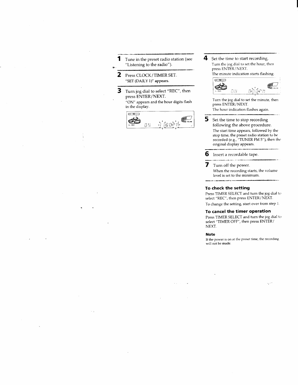 2 press clock/timer set, 6 insert a recordable tape, 7 turn off the power | To check the setting, To cancel the timer operation | Sony DHC-MD500 User Manual | Page 39 / 47